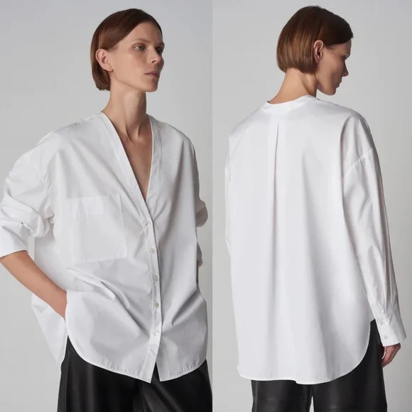 CO Collections V-Neck Blouse in Cotton Blend Poplin Black S Luxury Minimalist